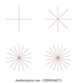 Set of converging radiating lines burst icon, geometric sunburst element, sun shape vector illustration .