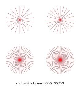 Set of converging radiating lines burst icon, geometric sunburst element, sun shape vector illustration .