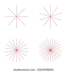 Set of converging radiating lines burst icon, geometric sunburst element, sun shape vector illustration .