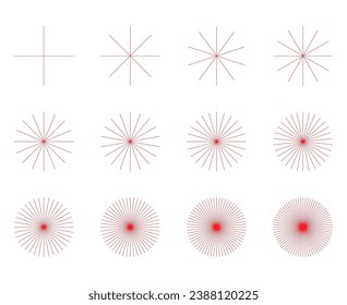 Set of converging radiating lines burst icon, geometric sunburst element, sun shape vector illustration .