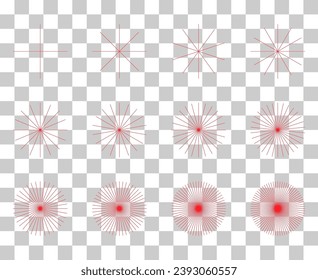 Set of converging radiating lines burst icon, geometric sunburst element, sun shape vector illustration .