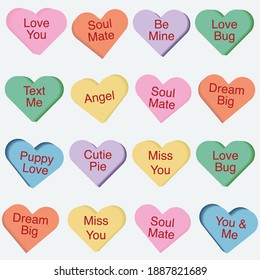 Set of Conversation Hearts, 3D Vector Hearts, Valentine's Day Vectors