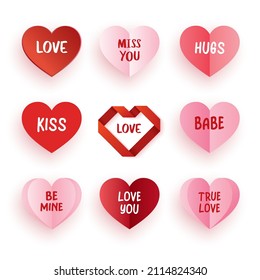 Set of conversation hearts for valentine’s day. Hearts and text on white background.