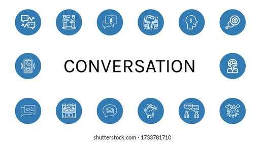 Conjunto de iconos de conversación. Como burbujas de voz, charlas, charlas, conversaciones, conversaciones, pensamientos, pensamientos, chat, entrevistas, burbujas, llamadas, comentarios, iconos de conversación
