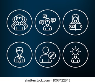 Set of Conversation messages, Businessman and Edit user icons. Group, Woman read and Education signs. Communication, User data, Profile data. Headhunting service, Girl studying, Human idea. Vector