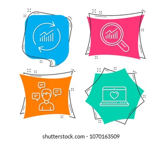 Set of Conversation messages, Data analysis and Update data icons. Web love sign. Communication, Magnifying glass, Sales statistics. Social network.  Flat geometric colored tags. Vivid banners