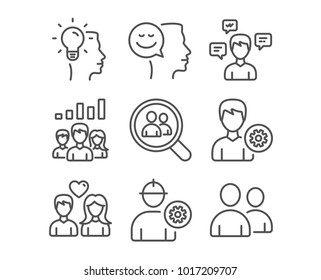 Set of Conversation messages, Engineer and Couple love icons. Idea, Teamwork results and Search employees signs. Good mood, Support and Users symbols. Vector