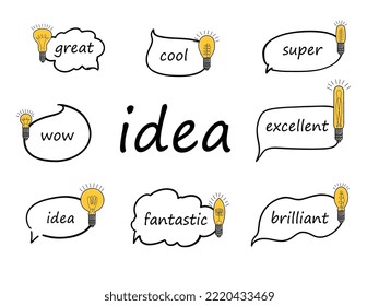 
A set of conversational bubbles with wishes and a light bulb. Hand-drawn elements of a good idea and a successful business. Vector illustration.