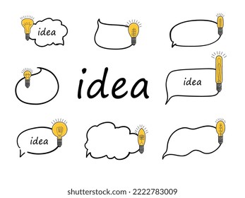 A set of conversational bubbles with wishes and a light bulb. Hand-drawn elements of a good idea and a successful business. Vector illustration. 