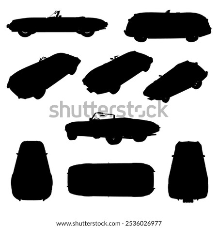 Set of Convertible car vector silhouette on white for vehicle branding, corporate identity. View from side, front, back, top, isometric. Vector illustration