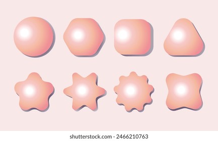 Set of convex realistic 3D buttons of various shapes in peach shade on a pink background.Elements for your design.Label, badge with empty space for insertion. Button pin icon.