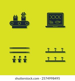Set Conveyor belt with box, Automatic irrigation sprinklers, Smart farm bulb and plant and Genetic engineering modification icon. Vector