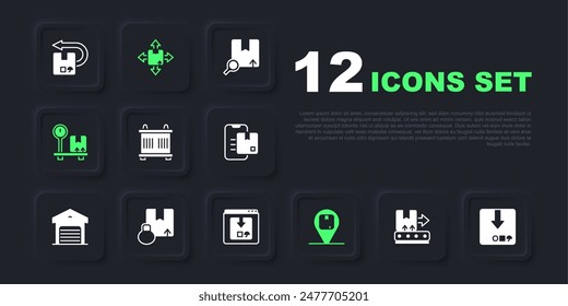 Set Conveyor belt with box, Carton cardboard, Container, Location, Scale,  and Online app delivery tracking icon. Vector