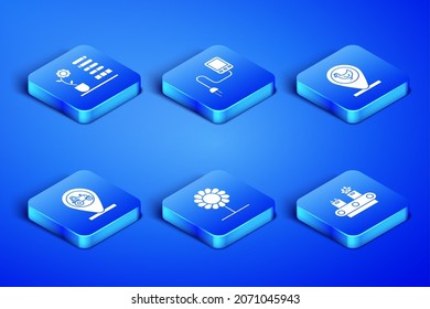 Set Conveyor belt with box, Flower status, Tractor and location, Sensor and Chicken farm icon. Vector