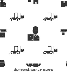 Set Conveyor belt with cardboard box , Delivery man with cardboard boxes  and Forklift truck  on seamless pattern. Vector