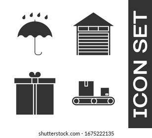 Set Conveyor belt with cardboard box , Umbrella and rain drops , Gift box  and Closed warehouse  icon. Vector