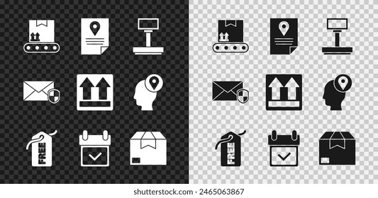 Set Conveyor belt with cardboard box, Document tracking marker system, Scale, Price tag Free, Calendar check, Carton, Envelope shield and This side up icon. Vector