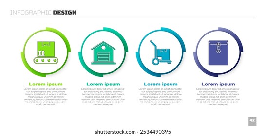 Definir correia transportadora com caixa de papelão, Armazém, Caminhão de mão e caixas e Envelope. Modelo de infográfico comercial. Vetor