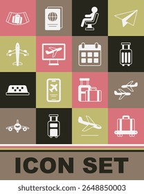 Set Conveyor belt with suitcase, Plane, Suitcase, Human waiting in airport terminal,  and Calendar and airplane icon. Vector