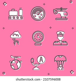 Set Conveyor belt with suitcase, Radar targets monitor, Helicopter, Storm, Clock, Pilot, Globe flying plane and Aircraft steering helm icon. Vector