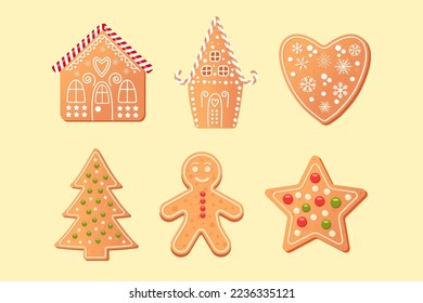 Set of Coockies with christmas tree, house, heart, star and gingerbread man. Vector illustration