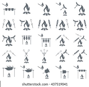 Set of coocking on campfire icons. Vector illustration

