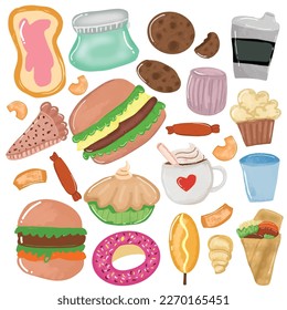 Set of cooffee time doodles with food desert element