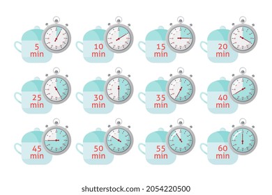 Set of Cook a certain number of minutes icons to indicate the cooking time on food packaging. Vector saucepan and minutes template design