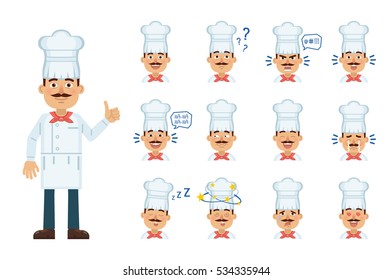 Set of cook character emoticons. Cook avatars showing different facial expressions. Happy, sad, smile, laugh, cry, think, surprised, tired, in love and other emotions. Simple style vector illustration