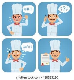 Set of cook characters posing in different situations. Cheerful cook talking on phone, thinking, angry, surprised, holding a document, contract, paper. Flat style vector illustration
