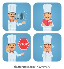 Set of cook characters posing in different situations. Cheerful cook holding stop sign, loudspeaker, in love, reading a book. Flat style vector illustration