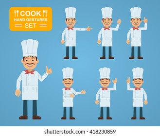 Set of cook characters showing different hand gestures. Cheerful cook showing thumb up gesture, waving, greeting, pointing up, victory sign. Flat style vector illustration