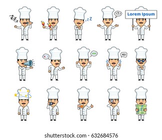 Set of cook characters showing diverse actions, emotions. Funny cook celebrating, thinking, sleeping, holding map, banner, loudspeaker, cup of tea and doing other actions. Simple vector illustration