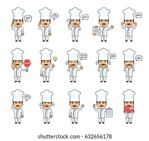 Set of cook characters showing various actions, emotions. Funny cook talking on phone, surprised, thinking, angry, sad, reading book and doing other actions. Simple vector illustration