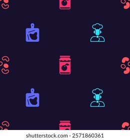 Set Cook, Cutting board, Jam jar and Jelly candy on seamless pattern. Vector