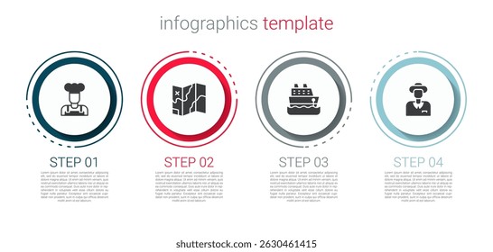 Set Cook, Mapa dobrado, Cruzeiro e Turista. Modelo de infográfico comercial. Vetor