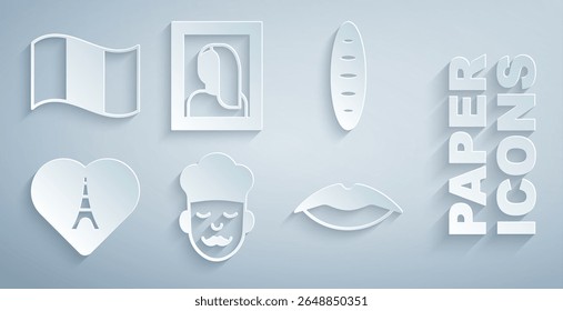 Set Cook, French baguette bread, Eiffel tower with heart, Smiling lips, Portrait picture museum and Flag France icon. Vector