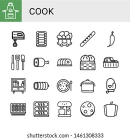 Set of cook icons such as Apron, Electric mixer, Ribs, Coal, Baguette, Hot pepper, Kitchen tools, Ham, Tenderloin, Dumpling, Steak, Buffet, Boiled, Soup, Pot, Oven mitt , cook