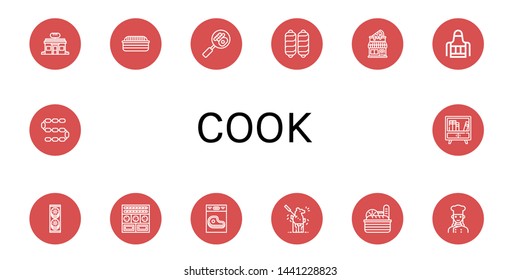 Set of cook icons such as Bakery, Bread, Buffet, Sausage, Pizza shop, Apron, Cookies, Steak, Carving, Chef , cook