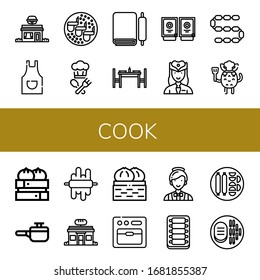 Set of cook icons. Such as Restaurant, Apron, Chicken wings, Cook, Dough, Dinning table, Sauces, Hostess, Sausage, Chef, Dumpling, Cooking pot, Bakery, Oven, Catering , cook icons