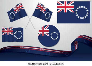 Set Of Cook Islands Flags In Different Designs, Icon, Flaying Flags And ribbon With Background.