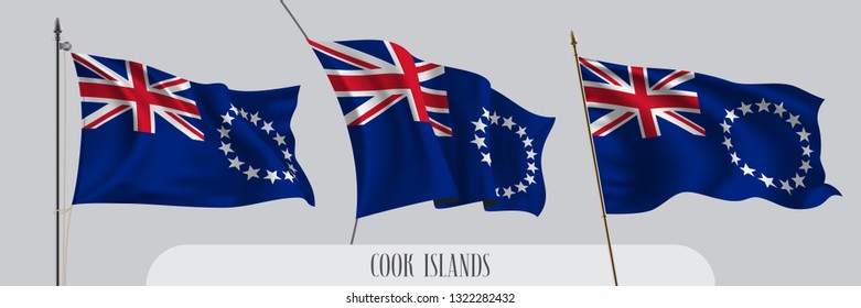 Set of Cook islands waving flag on isolated background vector illustration. 3 red blue wavy realistic flag as a patriotic symbol 