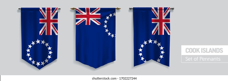 Set of Cook islands waving pennants on isolated background vector illustration. 3  wavy realistic pennon as a symbol of patriotism