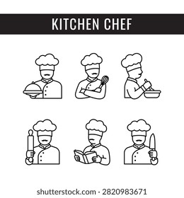 Set of Cook logo, line icon. chef with hat and black mustache vector illustration. Sign of male baker or cooker.