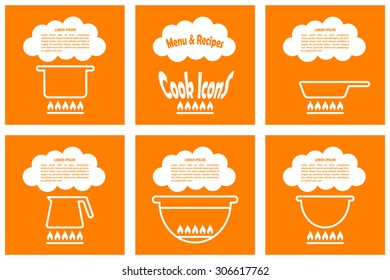 Set of cook template with pan, kettle, barbecue, pot. Vector illustration for menu, recipes, posters and banners