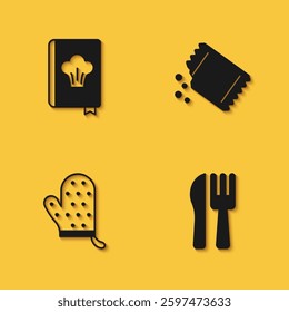 Set Cookbook, Crossed knife and fork, Oven glove and Packet of pepper icon with long shadow. Vector