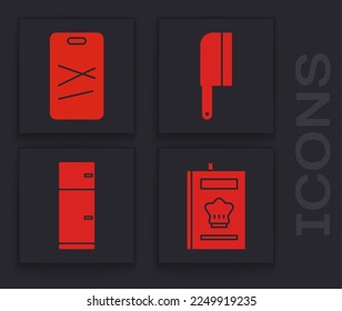 Set Cookbook, Cutting board, Meat chopper and Refrigerator icon. Vector