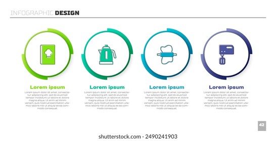 Set Cookbook, Electric kettle, Rolling pin on dough and mixer. Business infographic template. Vector