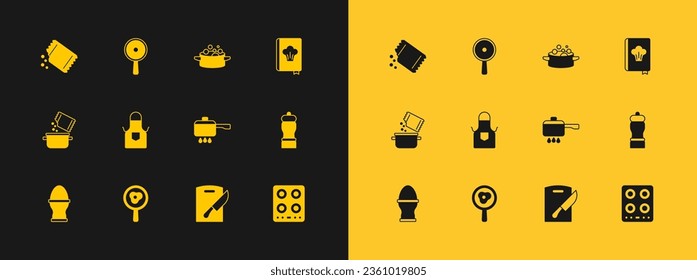 Set Cookbook, Fried eggs on frying pan, Cooking pot fire, Cutting board and knife, Kitchen apron, Packet of pepper and Frying icon. Vector