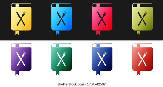 Set Cookbook icon isolated on black and white background. Cooking book icon. Recipe book. Fork and knife icons. Cutlery symbol. Restaurant symbol. Vector.